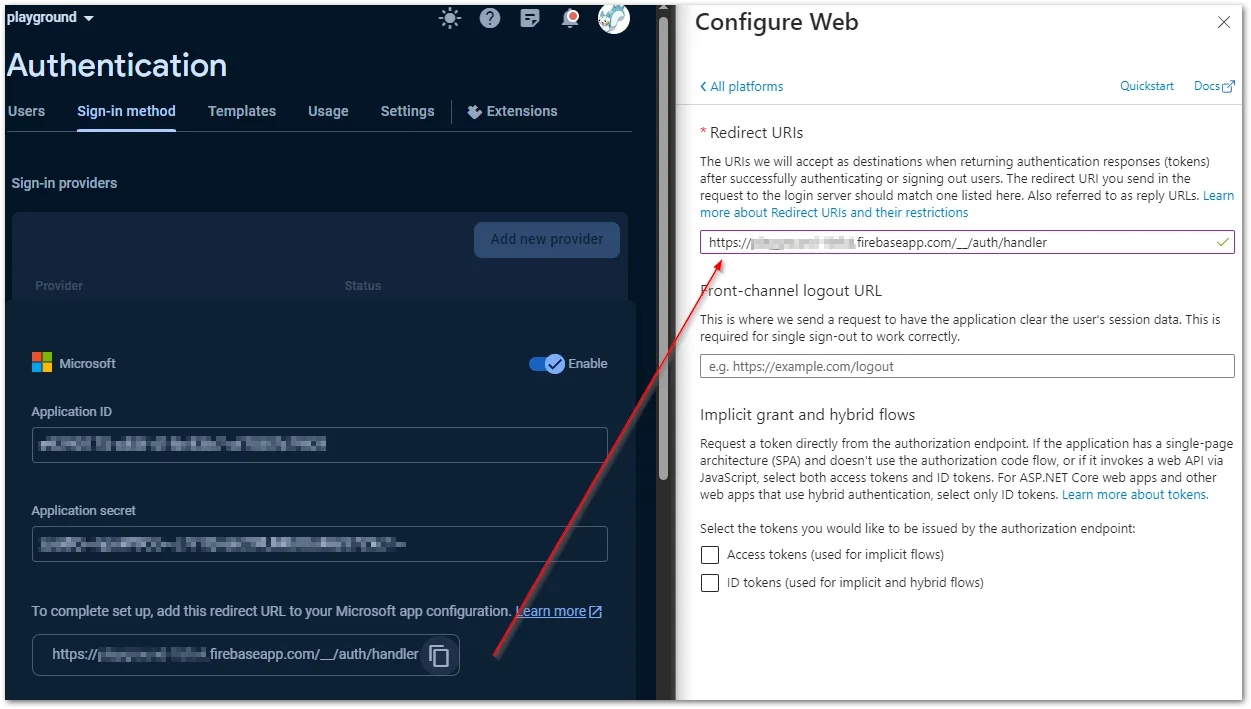 Insert the redirect URL from Firebase and save the configuration\n