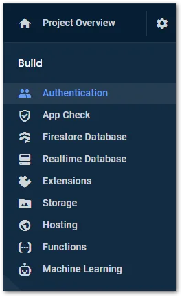 Firebase Authentication menu entry