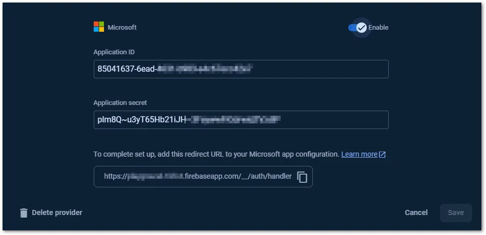 Pass client id and client secret to the authentication provider.