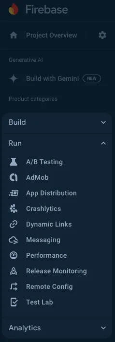 Screenshot of the Firebase navigation menu with the Crashlytics entry in the Run section.