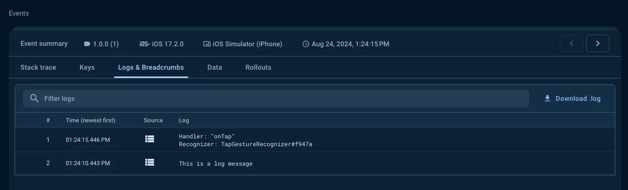 Screenshot of an issue with attached log messages in Firebase Crashlytics