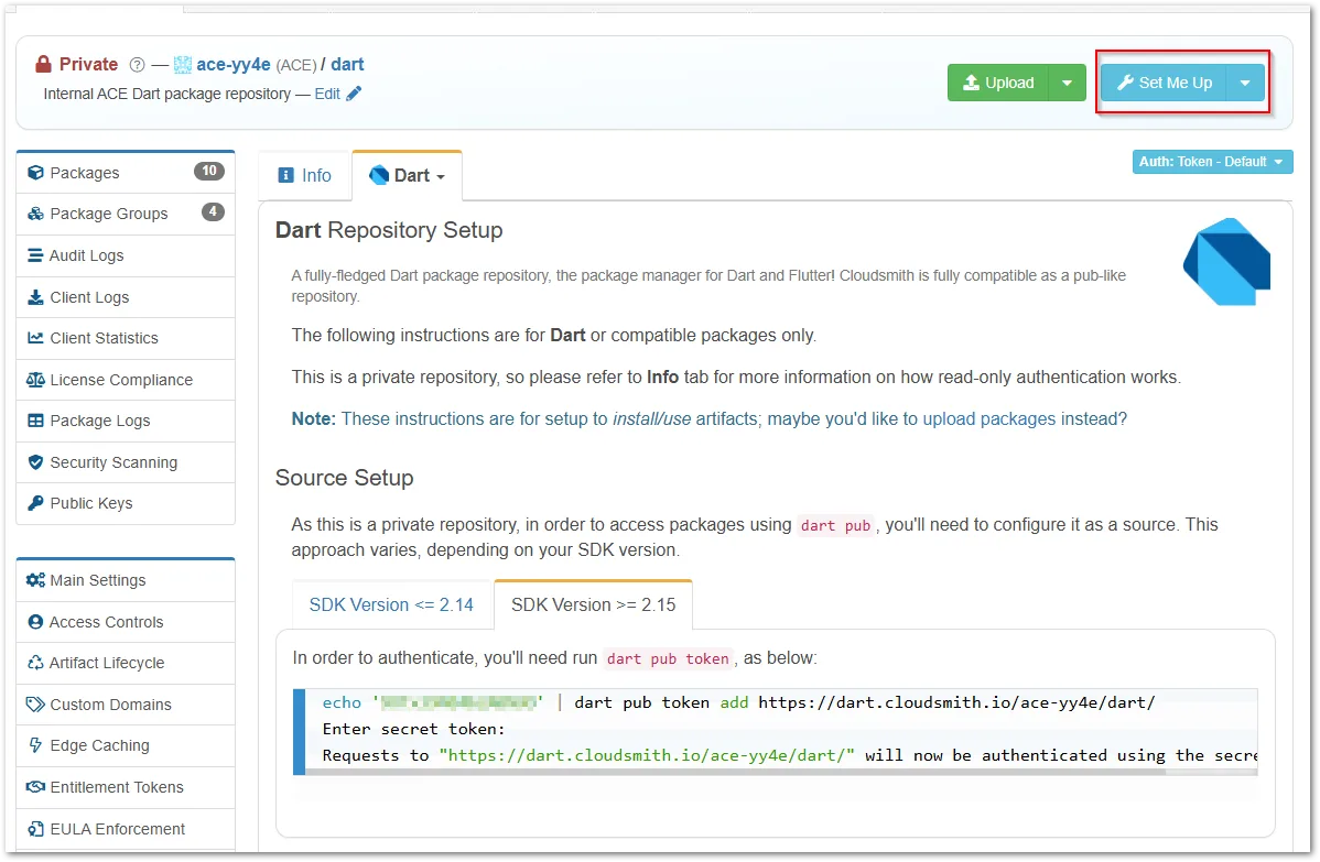 Detailed description of how to connect with the Cloudsmith Dart repository and install packages in a Dart/Flutter app