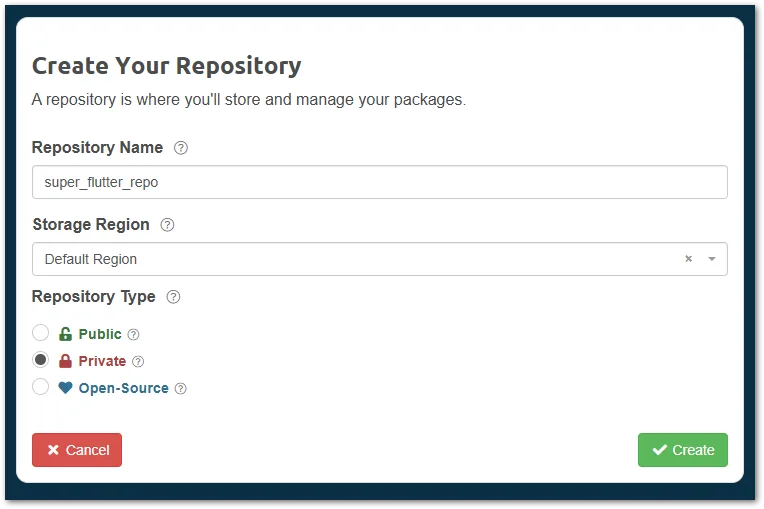 Configure your repository parameters like name, storage region, and type for your Cloudsmith account
