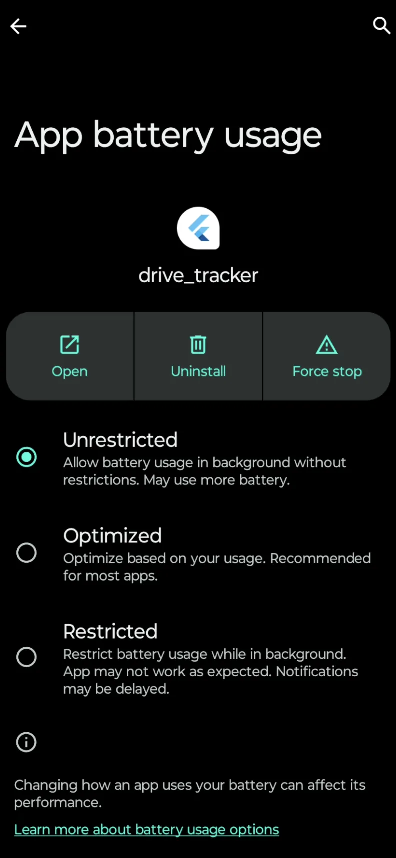 Screenshot of the Android app battery usage dialog