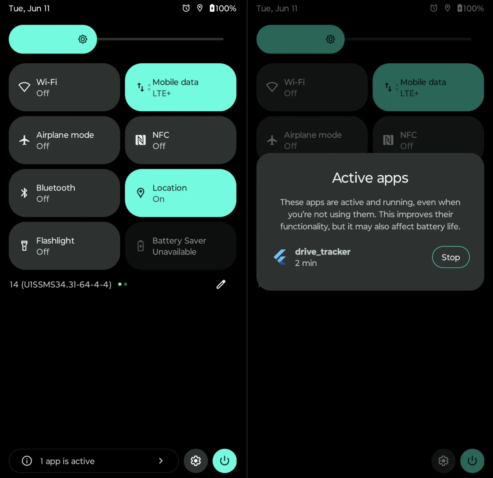 Screenshot of the Android notification center with an active app indicator at the bottom (left) and screenshot of the Android notification center with a detail view of the active app indicator (right)