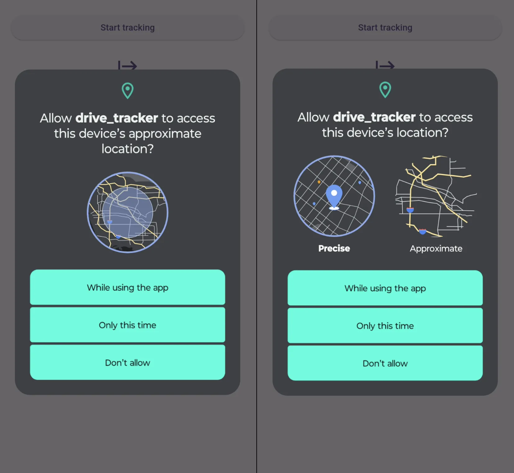 Screenshot of an Android app requesting the device’s approximate location with the ACCESS_COARSE_LOCATION permission defined in the AndroidManifest.xml (left) and screenshot of an Android app requesting the device’s exact location with the ACCESS_FINE_LOCATION permission defined in the AndroidManifest.xml. The user can select which permission should be granted.