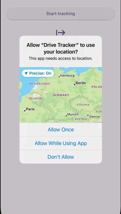 Screenshot of a mobile iOS app requesting access to location services. The reason phrase from the configuration file is displayed in the request.