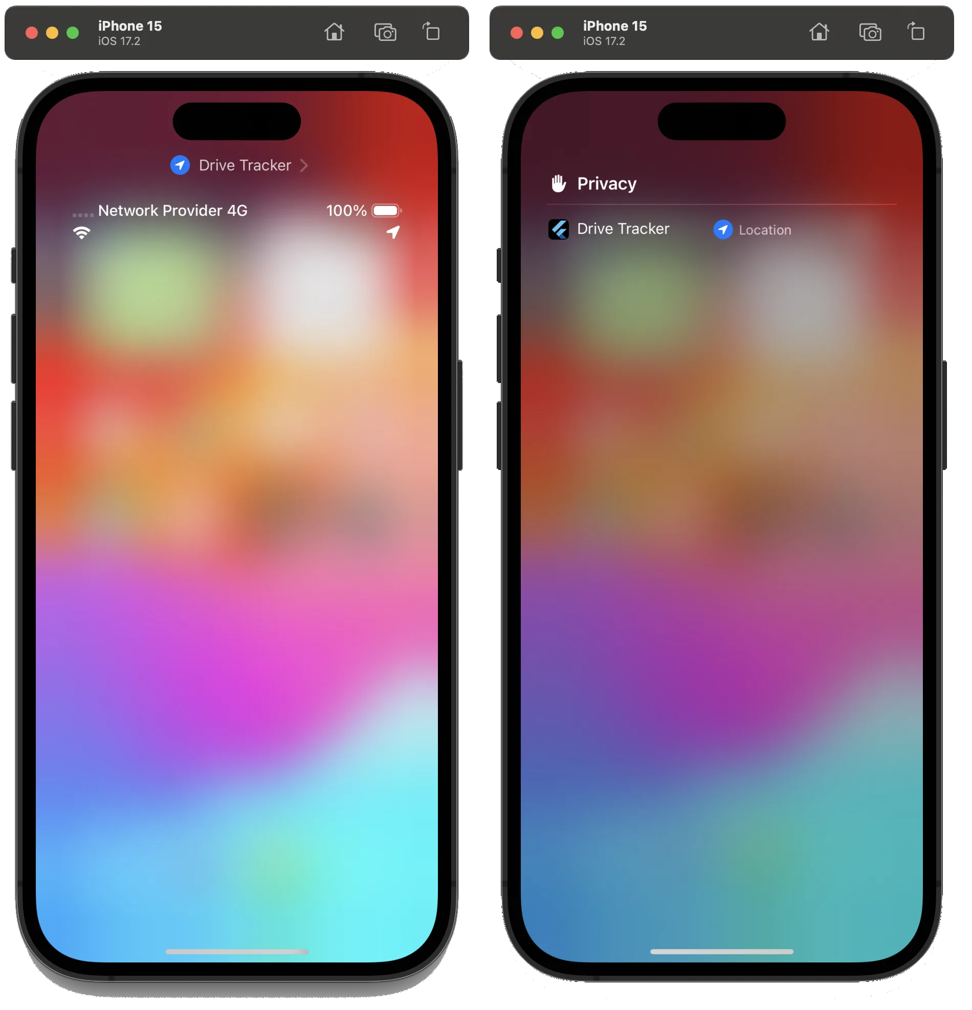 Screenshot of an iOS simulator running an app in the background (left) and screenshot of an iOS simulator running an app in the background with details (right)