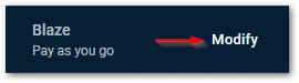 Firebase plan downgrade step 1: Click on the Modify button in the bottom left corner of the Firebase menu