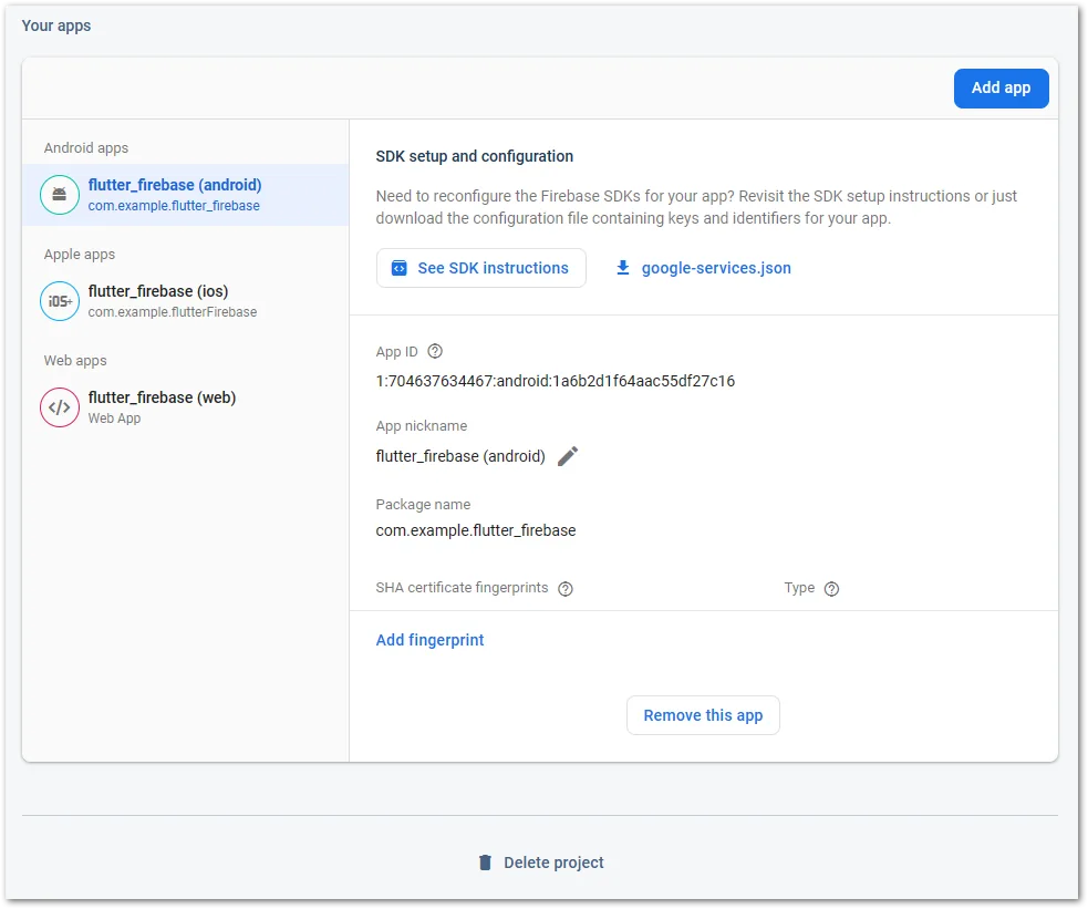 A list of all existing Firebase apps in your current Firebase project.