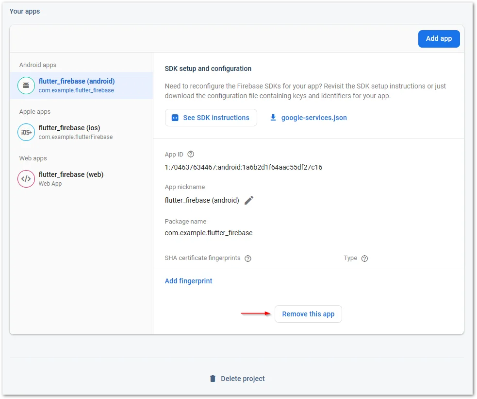 Remove Firebase apps step 3: Scroll down to the bottom and click on the button Remove this app.
