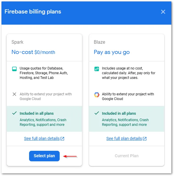 Firebase plan downgrade step 2: Click on Select plan in the Spark column to downgrade to the Spark plan.