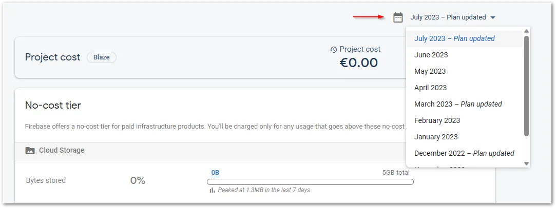 Firebase Expense Monitoring step 4: To view older data use the dropdown menu on the right to select another billing period. However, you can only see the costs and not the used resources of older periods.