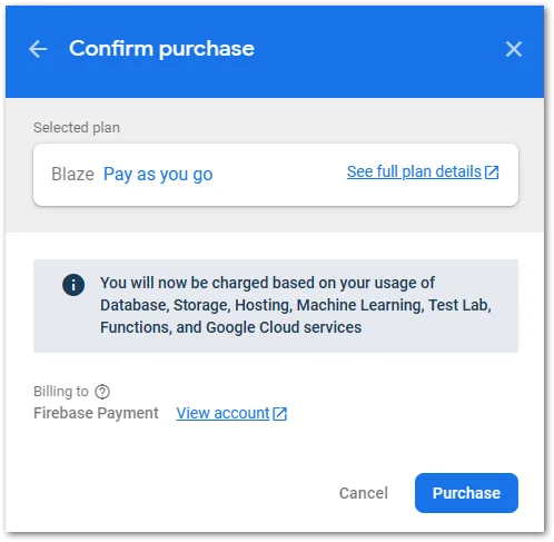 Firebase plan upgrade step 5: Review the upgrade and confirm with a click on Purchase.