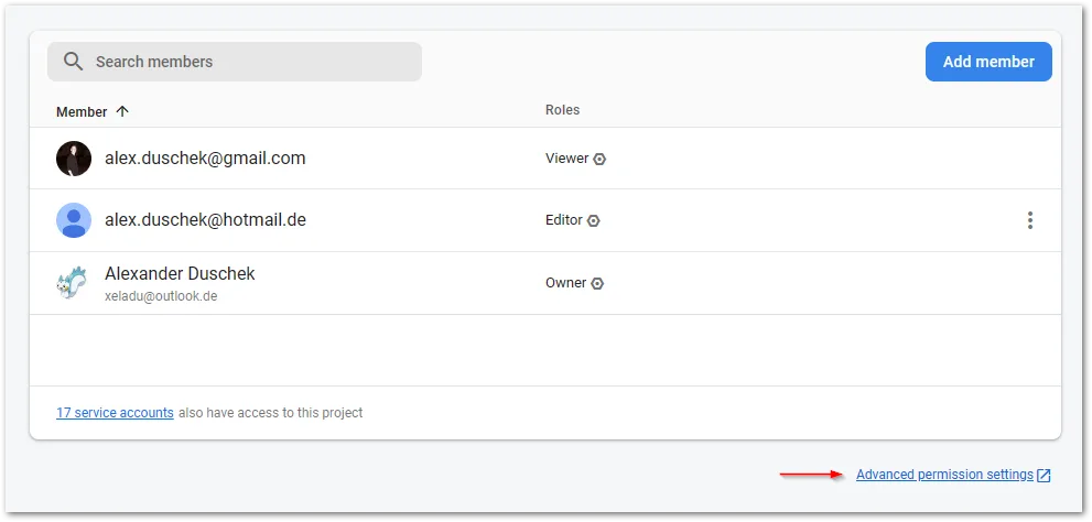 Manage Firebase users step 6: For advanced permission settings in Google Cloud click the link Advanced permission settings and manage your users with a more powerful UI.