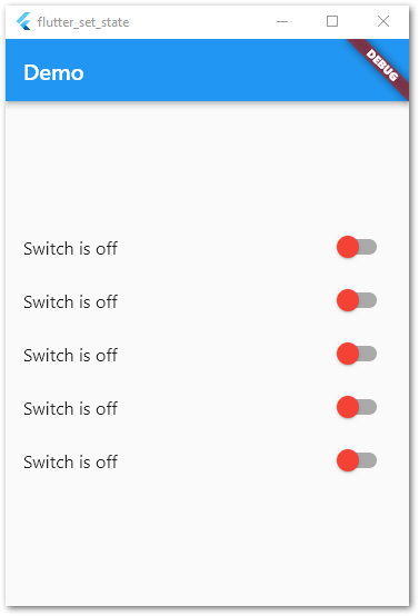 Flutter app with a visible debug banner in the upper right corner
