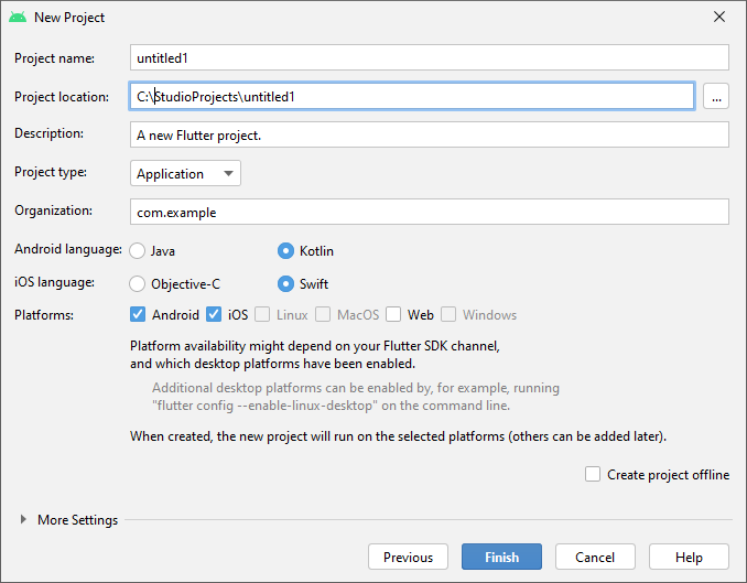 Enter project details for the new Flutter project in Android Studio