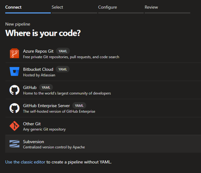 Select code provider in Azure DevOps