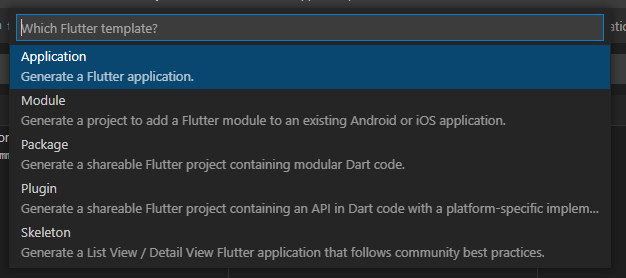 Select template for new Flutter project