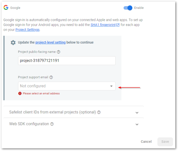 Screenshot when enabling Google provider in Firebase by author