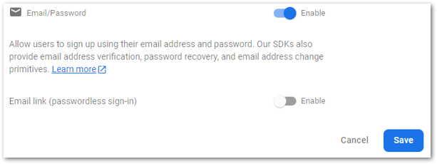 Screenshot when enabling Email/Password provider in Firebase by author