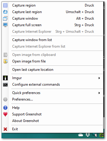 Context menu options of Greenshot to switch between different capture modes