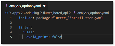 Disable a specific linter rule for the analyzer in the analysis_options.yaml file of a Flutter project
