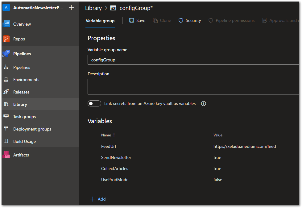 Screenshot of variable group editor in Azure DevOps by author