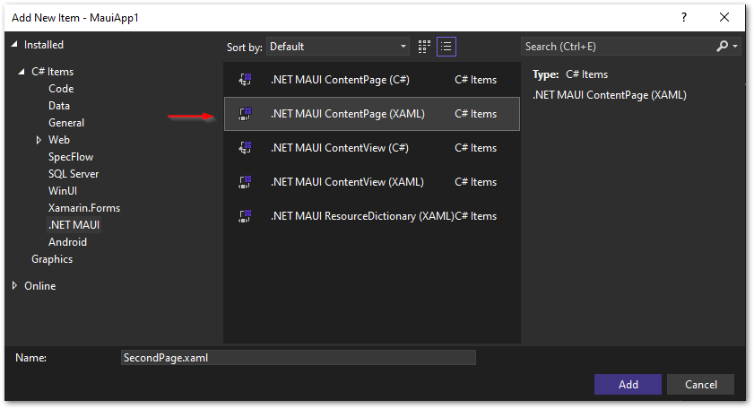 Add a new Content Page to a .NET MAUI app in Visual Studio 2022