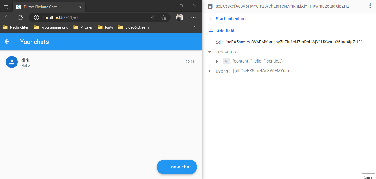 A Flutter Firebase Chat App demo video. The right area shows the Firebase Firestore documents and the left area is a running app instance in the browser.