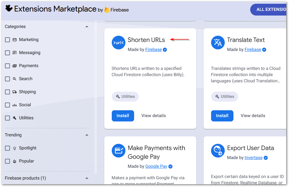 Installing the Shorten URLs extension from the Firebase marketplace