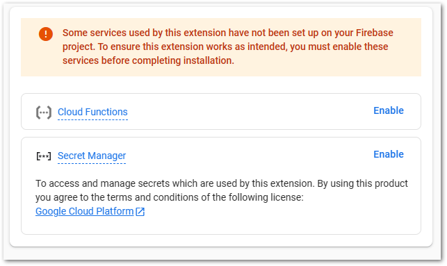 Enabling Cloud Functions and Secret Manager for the extension Shorten URLs