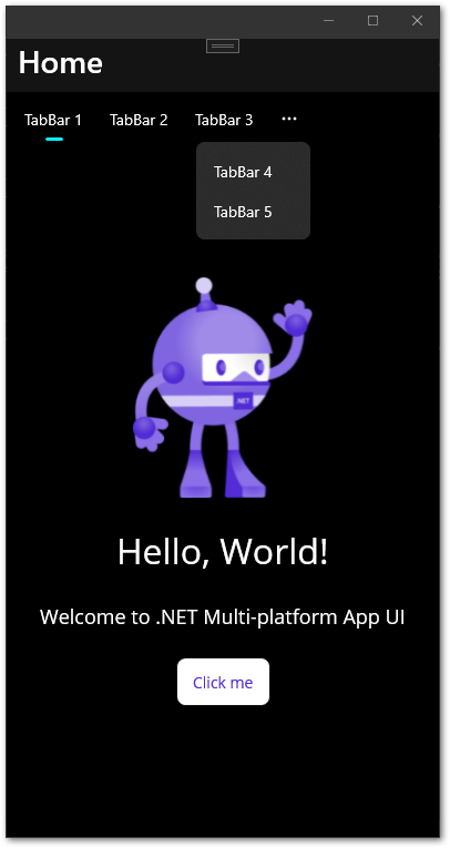 TabBar menu of a .NET MAUI app with 5 elements running on a Windows machine with a small window size