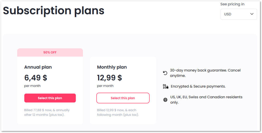 Incogni subscription plans with an annual and a monthly plan