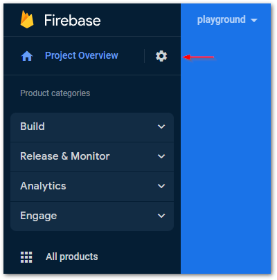 Remove Firebase apps step 1: Click on the gears icon in the Firebase Console menu on the left.