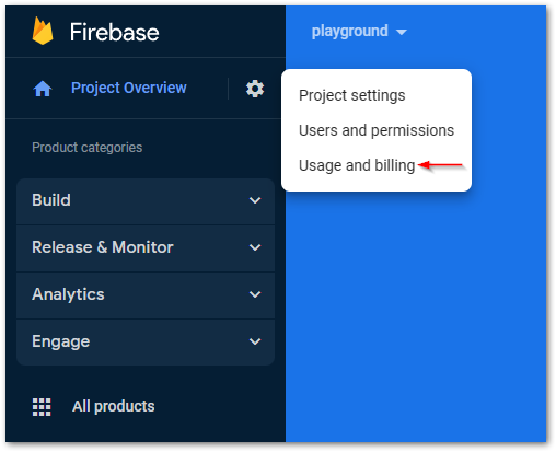 Firebase budget alert step 2: Click on the Usage and billing menu entry.