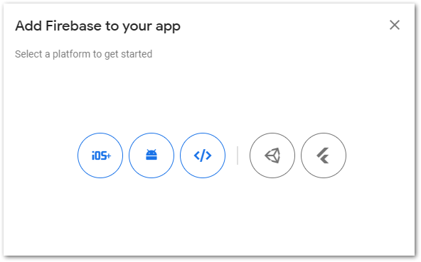 Add new Firebase app step 4: Choose the desired app platform. The available options are iOS, Android, Web, Unity, and Flutter.