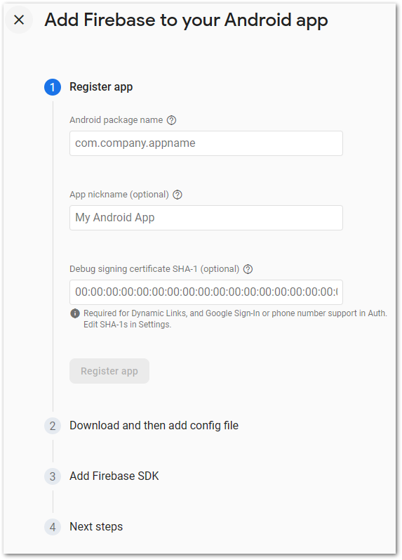 Add new Firebase app step 5: Follow the instructions of the setup guide.