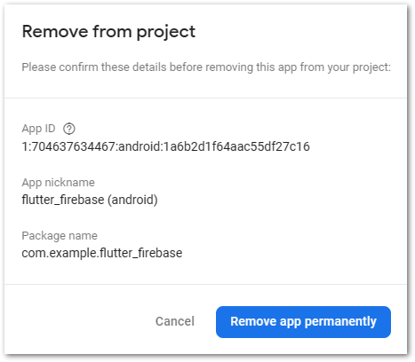 Remove Firebase apps step 4: Confirm the removal by clicking on Remove app permanently