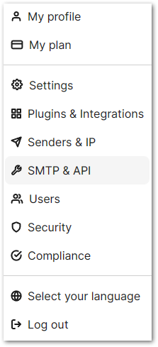 Navigation menu of the Brevo website, The entry SMTP & API is highlighted.