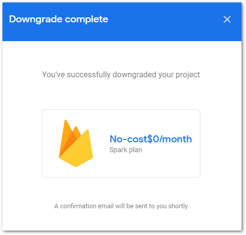 Firebase plan downgrade step 4: Your project has been downgraded to the Spark plan and an email confirmation has been sent to you.