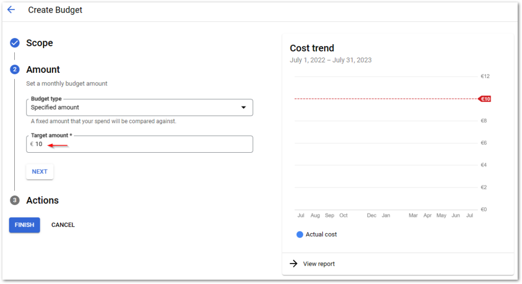 Firebase budget alert step 5: Enter a target amount for your budget. On the right you can see your current costs for orientation. Click on the Finish button to complete the process or the Next button to define the alerting process in detail. By default, you will receive an email when your costs come near the threshold.