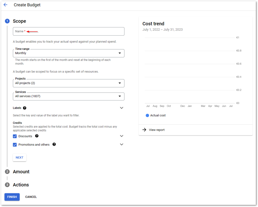 Firebase budget alert step 4: Define the scope of the budget alert. By default, all services are selected and it is enough to enter a name for the budget. Continue by clicking on the Next button.