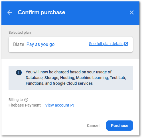 Firebase plan upgrade step 5: Review the upgrade and confirm with a click on Purchase.