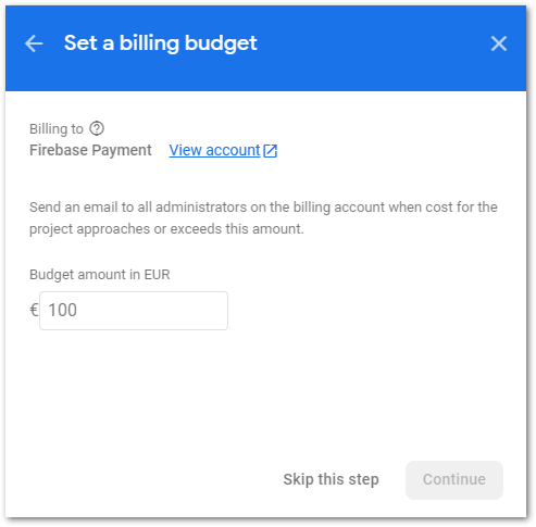 Firebase plan upgrade step 4: If you want to get notified via email when your expenses exceed a threshold you can set up a budget alert in this step. However, this is optional and you can do it at any time in the future.
