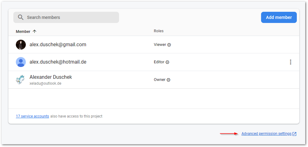 Manage Firebase users step 6: For advanced permission settings in Google Cloud click the link Advanced permission settings and manage your users with a more powerful UI.