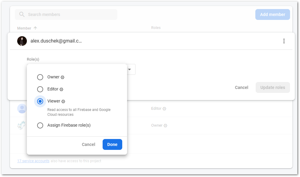 Manage Firebase users step 3: Click on a user’s name to edit their role from a dropdown menu.