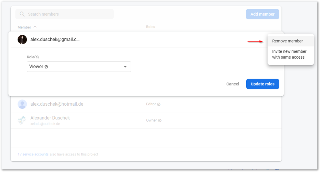 Manage Firebase users step 4: Hover over a user’s name, click the three dots on the right, and select Remove member. Confirm the action and the user will be removed afterward.