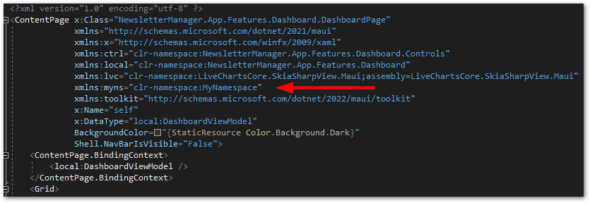 Import the namespace of a custom control on another XAML page in .NET MAUI