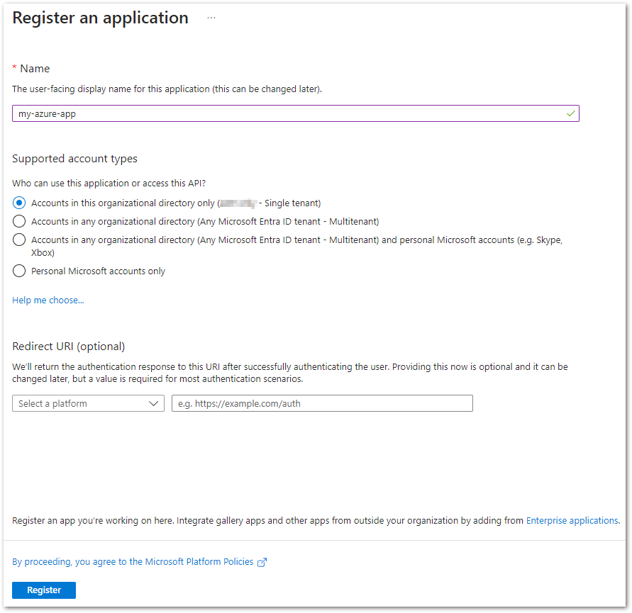 Create a new app registration without a redirect URI